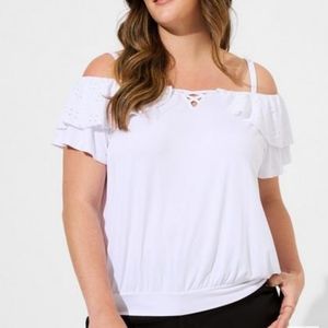 Torrid White Super Soft Cold Shoulder Eyelet Ruffle Top 00